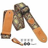 Nefelibata Guitar Strap,Double leather ends,Vintage Woven W/FREE BONUS-4 Picks+Strap Locks+Strap Button,Best Gift For Bass,Electric&Acoustic Guitars for Guitar(Vintage gold yellow embroidery)