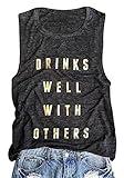 Drinks Well with Others Muscle Tank Tops Womens Funny Drinking Alcohol Sleeveless Letter Printed Graphic Tee Shirt Tops Black