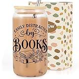 Coolife Book Lovers Themed 16 oz Coffee Glass Cups w/Lids & Straws, Bookish Gifts for Women, Book Club Bookworm Gifts for Book Lovers, Readers Librarian - Christmas, Birthday Book Lover Gifts Ideas