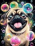 pigpigboss Bubble Pug Diamond Painting Kit for Adult, 5D Full Round Drill Cute Dog Diamond Dots Art for Brginner, Colorful Bubble Pug Paint with Diamonds for Dog Lover (12 X 16 Inches)