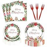 96 PCS Christmas Party Supplies Winter Seasonal Holly Party Tableware Set Red Poinsettia Flora Wreath Cardinal Birds Dinnerware Paper Plates Napkins Forks for Merry Christmas 24 Guests