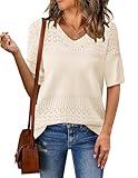 Zeagoo Womens Summer Sweater Casual Short Sleeve Pullover Top V Neck Lightweight Shirts Ribbed Knit Dressy BlouseApricot