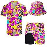 Ldvjkx Mens Hawaiian Shirt and Shorts Set 2 Piece 80s 90s Outfit for Men Short Sleeve Button Down Beach Suit with Bucket Hats Medium