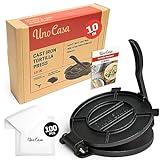 Uno Casa Cast Iron Tortilla Press 10 Inch - Tortilla Maker Press, Pre-Seasoned Roti Maker with 100 Pcs Parchment Paper - Heavy Duty Quesadilla Maker for Homemade Flatbreads, Rotis, Empanadas