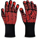 FITFIV BBQ Gloves, Oven Gloves, Extreme Heat Resistant Barbecue Gloves, Silicone Non-Slip Oven Mitts, Kitchen Gloves for Cooking, Grilling, and Baking (Red)