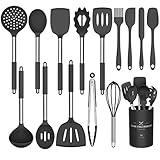 Silicone Cooking Utensil Set, Umite Chef 15pcs Silicone Cooking Kitchen Utensils Set, Non-stick - Best Kitchen Cookware with Stainless Steel Handle - Black