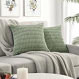 Volcanics Pack of 2 Sage Green Decorative Throw Pillow Covers 18x18 Inch, Soft Corduroy Striped Square Cushion Cases, Modern Farmhouse Boho Home Decor for Spring Couch Bed Sofa Living Room