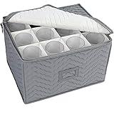 LotFancy Stemware Storage Container - Deluxe Quilted Storage Case with Dividers for 12 - Wine Glasses, Champagne Flutes, Glassware, Drinkware Storage Box Chest, 15.5"x12.5"x 10", Gray