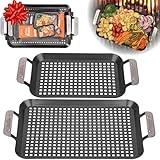 BBQ Grill Topper Grilling Pans (Set of 2) - Non-Stick Barbecue Trays w Stainless Steel Handles - Indoor Outdoor use for Meat, Vegetables & Seafood - Great Holiday Party Exchange & Grilling Xmas Gift