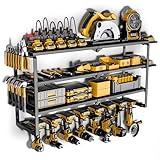 Spampur Power Tool Organizer with Charging Station, 8 Drill Holder Wall Mount, 4 Layer Storage Rack for Garage storage, Heavy Duty Utility Racks, Tool Battery Shelf with 6 Outlet Power Strip