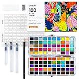 Grabie 100 Colors Watercolor Paint Set - 50 Regular, 35 Metallic, 10 Macaron and 5 Fluorescent Colors - Portable with Carrying Case, Water Brush Pens, and Accessories - For Beginners and Professionals