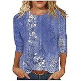 3/4 Length Sleeve Womens Tops 2025 Floral Print Vintage Fashion Casual Loose with Round Neck Plus Size Shirts Blue Medium
