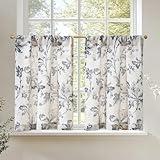 jinchan Linen Kitchen Curtains 36 Inch Vintage Floral Tier Curtains Farmhouse Cottage Cafe Rod Pocket Country Small Window for Laundry Room Bathroom RV 2 Panels Blue on Beige