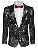 Coofandy Shiny Sequins Suit Jacket Blazer One Button Tuxedo For Party,Wedding,Banquet,Christmas,Nightclub Black X-Large