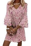 DEPENSL Summer Dresses for Women 2025 Wedding Guest Dress Boho Floral Print Casual V Neck Bell Sleeve Flowy Beach Vacation Mini Dress(Print01, Medium)