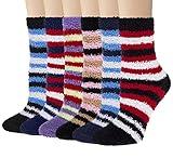 YSense Womens 6 Pairs Cozy Soft Fuzzy Fluffy Crew Slipper Socks, Style D: Red Black Striped Series, Medium