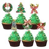 Whaline 24Pcs Christmas Cupcake Toppers 6 Design Xmas Tree Wreath Cupcake Picks Colorful Merry Christmas Cake Toppers Home Party Decor for Christmas Winter Holiday Birthday Party Cake Decorations