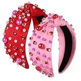 ZOLEAROPY Valentines Day Headband for Women Heart Rhinestone Pearl Jeweled Knotted Hairband Fashion Red Pink Wide Knot Head Band Valentine Holdiay Party Hair Accessories Gift