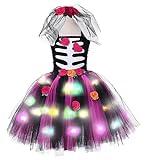 Tutu Dreams LED Day of The Dead Costume for Girls with Veil Headwear Halloween Light Up Costumes Holiday Party (3-4T, Black)