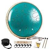 HOPWELL Steel Tongue Drum - 15 Note 12 Inch Tongue Drums - Percussion Instruments - Hand Pan Drum with Music Book, Drum Mallets and Carry Bag, D Major, Malachite Green