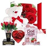 VALENTINE GIFT BASKET SET |10" Teddy Bear Plush (White or Red), Dozen Belgian Milk Chocolate Roses Bouquet, Creme Savers Strawberry and Creme Hard Candy, Elmer Chocolate Rose Flowers Heart Shaped, &