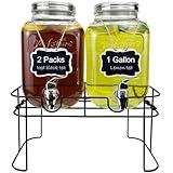 1 Gallon Glass Drink Dispenser for Parties, 2 Packs Juice Lemonade Ice Tea Water Dispenser with Stand, HENABLE Beverage Dispensers with Spigot for BBQ, Picnic, Party