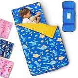 Primlect Toddler Nap Mat with Removable Pillow and Fleece Blanket, Extra Large 55''x35'' Sleeping Bag, Washable, Light, Easy to Roll up, Perfect for Daycare, Preschool, Kindergarten, Travel (Dino)