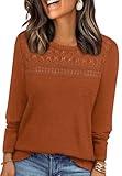 Womens Tops Long Sleeve Shirts Fall Sweaters Fashion 2025 Trendy Lace Crochet Dressy Casual Blouses Tunic Sweaters Chocolate Brown Fall Clothes Pumpkin L