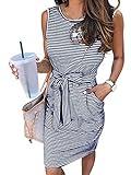 MEROKEETY Womens Summer Sleeveless Striped T Shirt Dress Casual Crew Neck Tie Waist Mini Dresses Navy