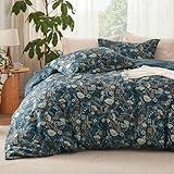 Bedsure Duvet Cover King Size - Reversible Floral Duvet Cover Set with Zipper Closure, 3 Pieces Navy Blue Bedding Set with 8 Corner Ties and 2 Pillow Shams 20"x36"