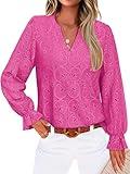 Women's Dressy Casual Blouses Business Work Chiffon Tops Trendy Long Sleeve V Neck Lace Shirts 2025 Fall Outfits Hot Pink XL