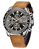 BY BENYAR Mens Watches Analog Quartz Chronograph Waterproof Luminous Men's Wrist Watches Business Work Sport Casual Fashion Brown Leather Band Dress Watch Elegant Gifts for Men Father's Day