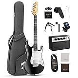 Fesley 39 Inch Electric Guitar: Beginner Electric Guitar Kit with HSS Pickup, Full Size Solid Body Guitar Starter Set with Amplifier, Bag, Strap, String, Cable, Picks, FST100, Black