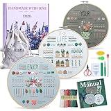 ETSPIL Embroidery Kit for Beginners & Adult, 3-Pack 33-Stitch Floral Samplers, Pre-Stamped Designs, 7.8-Inch Hoop, Threads, Needles, Storage Bag, Guide & Video, DIY Craft Gift for Women