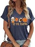 Earlymemb Womens Halloween Tis The Season Fall Pumpkin V Neck Shirts Funny Football Leaves Printed Thanksgiving Short Sleeve Tee(M,A-Blue)