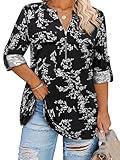 Siddhe Plus Size 3/4 Sleeve Shirts, Womens Plus Size Fall Fashion 2024 Work Shirts for Women Business Casual Womens Blouses 3/4 Sleeve Tunics or Tops to Wear with Leggings, Black Gray Flower, 3XL