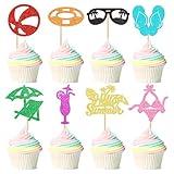 Ercadio 32 PCS Summer Beach Cupcake Toppers Pool Party Hawaiian Theme Cake Picks with Beach Ball Sun Umbrella Goggles Beach Cake for Birthday Tropical Shower Party Decoration Supplies