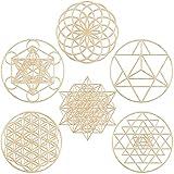 Taiyin 6 Pcs 12 Inch Sacred Geometry Wood Wall Art Set Zen Metatron Cube Home Decor Sri Yantra Merkaba Torus Flower of Life Hanging Sculpture Wooden Crystal Grid Pagan 7 Chakra Wall Decor(Burlywood)