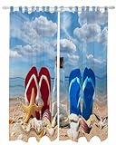 Rgaienmelw Beach Slippers Living Room Curtains 84 Inch Length, Window Curtains Tab Top, Ocean Coastal Starfish Shell Summer Sand Light Filtering Window Treatments Drapes 52"x84" 2 Panel