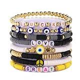8Pcs Bohemian Love Heart Flower Evil Eye Charm Bracelet Handmade Colorful Beaded Polymer Clay Stackable Stretch Bracelet for Women Men Couple Summer Beach Holiday Jewelry Sister Lover Lucky Gift-Set D