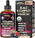 USDA Organic Vitamin B-Complex B5 Pantothenic Acid | B12 Methylcobalamin | B1 Thiamine | B6 Pyridoxine | B7 Biotin | B9 Folic | B3 Niacinamide - B Complex Liquid Drops, Made in USA Supplement, 4fl oz