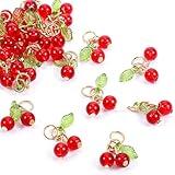 Tyqour 30 Pcs Red Cherry Charms 3D Glass Cherry Charms for Jewelry Making Bulk Kawaii Fruit Beads Pendants for Earrings Necklace Bracelet Anklet DIY Craft