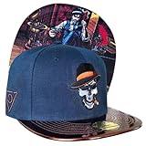 Capiche [99+ Variations] Cigar Snapback Cap - Blue Hat with Embroidered Smoking Skull Logo, Brown Metallic Brim, Bar Lounge Undervisor Art, Adjustable for Bold Streetwear and Unique Style