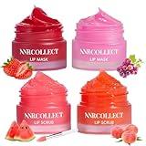 ANRCOLLECT Lip Scrub & Lip Mask - Overnight Treatment Lip Care Kits with 2 Lip Exfoliator & 2 Sleeping Lip Balm, Intense Hydration Lip Set for Dry Chapped Cracked Lips, Exfoliate & Moisturize (4 Pack)