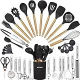 Cooking Utensils Set- 35 PCs Kitchen Utensils with Grater,Tongs, Spoon Spatula &Turner Made of Heat Resistant Food Grade Silicone and Wooden Handles Kitchen Gadgets Tools Set for Nonstick Cookware