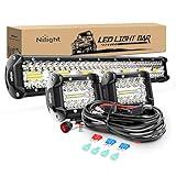 Nilight 20Inch 420W Triple Row Spot Flood Combo Led Light Bar Work Driving Lamp 2Pcs 4Inch 60W Cube LED Pods Lights for Trucks with Off-Road Wiring Harness Kit-3 Leads