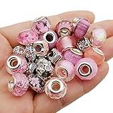 50pcs Assorted Pink Resin Imitation Glass European Large Hole Beads Rhinestone Metal Spacer Charms Bead Assortments for DIY Crafts Bracelets Necklaces Jewelry Making (M567-Pink)