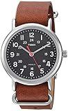 Timex Unisex Weekender 38mm Watch – Silver-Tone Case Black Dial with Brown Leather Slip-Thru Strap