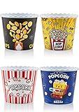 Modern Style Reusable Plastic Popcorn Containers / Popcorn Bowls Set for Movie Theater Night - Washable in the Dishwasher - (BPA Free-4 Pack) (Color: Yellow, Brown, Red/White and Blue Popcorn Boxes)