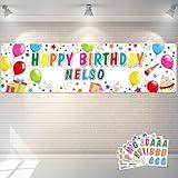 Tatuo Personalized Birthday Banner with Name DIY Colorful Happy Birthday Banner Backdrop with Alphabet Stickers Custom Birthday Banner for Outdoor and Indoor Birthday Party Decoration (White)